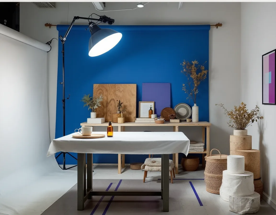 The Letterpress & Lantern studio: a white paper sweep on a long table, a lantern-globe strobe on a boom, and a wooden prop shelf of linen, stone tiles and dried botanicals under violet-washed walls.
